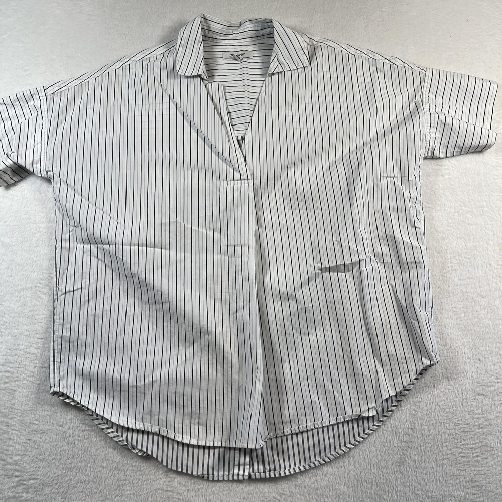 Madewell Blouse Womens XS White Striped Short Sleeve Button Back Casual Top